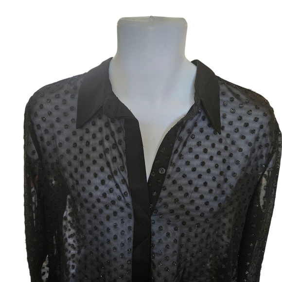 Sheer Black Polka Dot Button Up Shirt Long Sleeve Collar - Picture 8 of 9